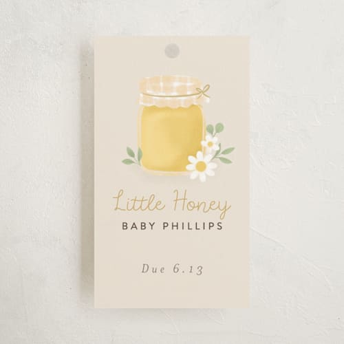 This is a greige baby shower favor tags with standard by Itsy Belle Studio called little honey printing on signature in tag