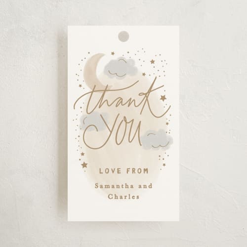This is a latte baby shower favor tags with standard by Creo Study called moon and stars printing on signature in tag