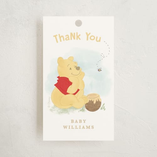 This is a sky baby shower favor tags with standard by Creo Study called disney's winnie the pooh a little hunny printing on signature in tag