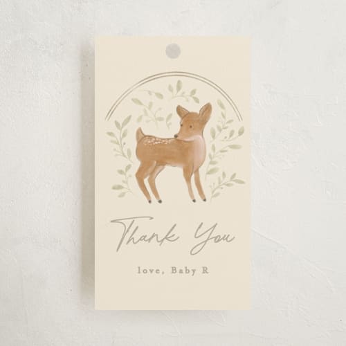 This is a ecru baby shower favor tags with standard by Creo Study called woodland storybook printing on signature in tag