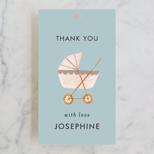 This is a cloud baby shower favor tags with standard by Sarah Knight called prams, bears and baby printing on signature in tag