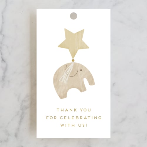 This is a sunflower baby shower favor tags with standard by Faith Dorn called boho baby mobile printing on signature in tag