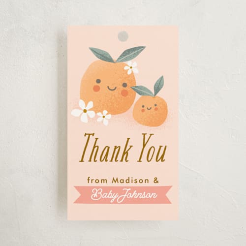 This is a peach baby shower favor tags with standard by Karidy Walker called little cutie oranges printing on signature in tag