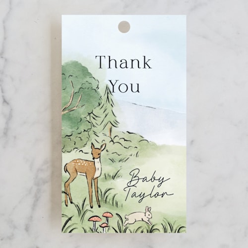 This is a forest baby shower favor tags with standard by Elly called a woodland adventure printing on signature in tag