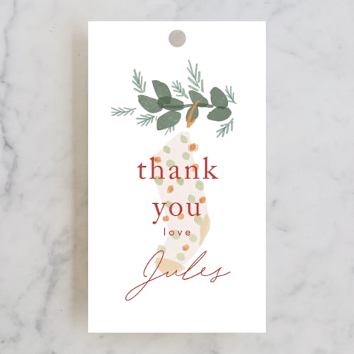 This is a cranberry baby shower favor tags with standard by Rebecca Durflinger called merry little stockings printing on signature in tag