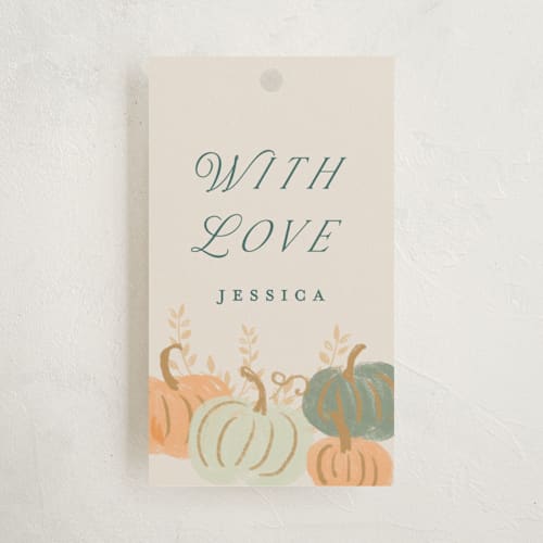 This is a pumpkin baby shower favor tags with standard by Petra Kern called pumpkin stroller printing on signature in tag