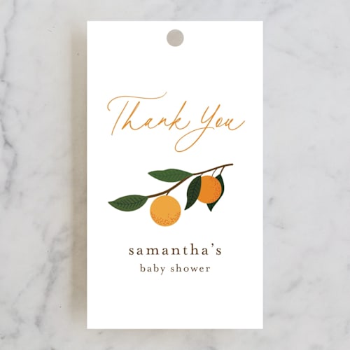 This is a clementine baby shower favor tags with standard by Stacey Meacham called little cutie printing on signature in tag