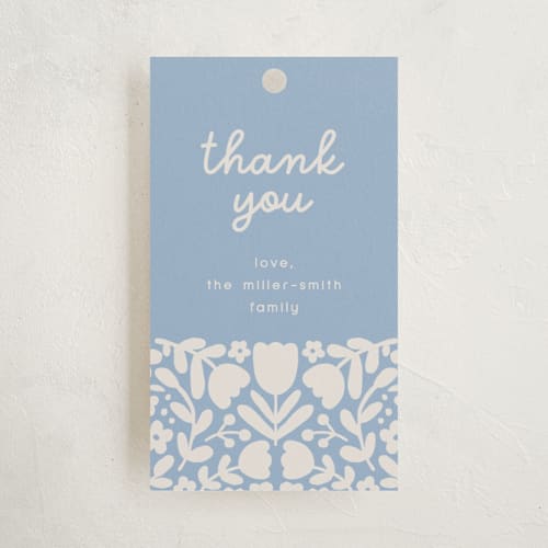 This is a sky baby shower favor tags with standard by Kelly Watkins called tulips printing on signature in tag