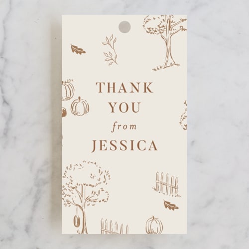 This is a acorn baby shower favor tags with standard by Rebecca Durflinger called autumn toile printing on signature in tag