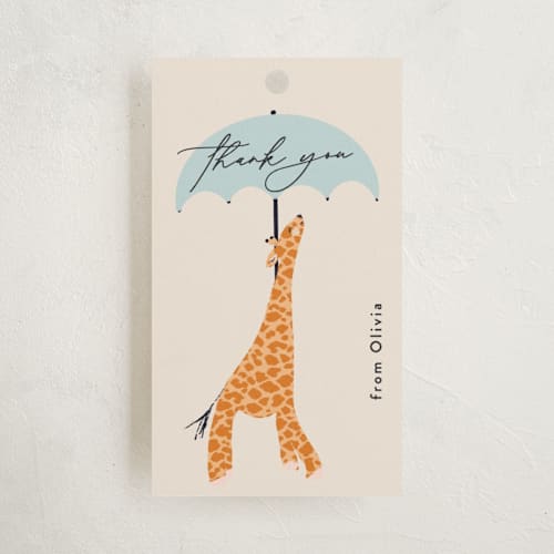 This is a powder baby shower favor tags with standard by Gwen Bedat called take shelter printing on signature in tag