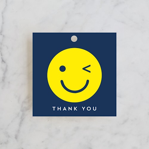 This is a navy kids gift tags with standard by Baumbirdy called emoji party printing on signature in tag