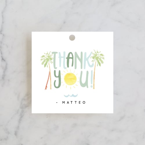 This is a oceanside kids gift tags with standard by Maggie Maeve called sun sand and surf printing on signature in tag