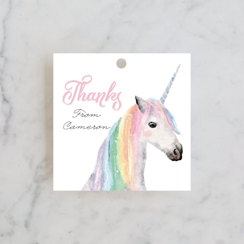 This is a peony kids gift tags with standard by Cass Loh called rainbow unicorn printing on signature in tag