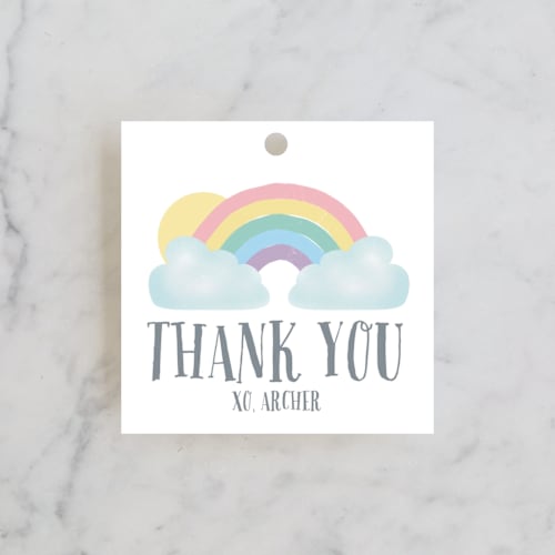 This is a daffodil kids gift tags with standard by Leah Bisch called rainbow printing on signature in tag