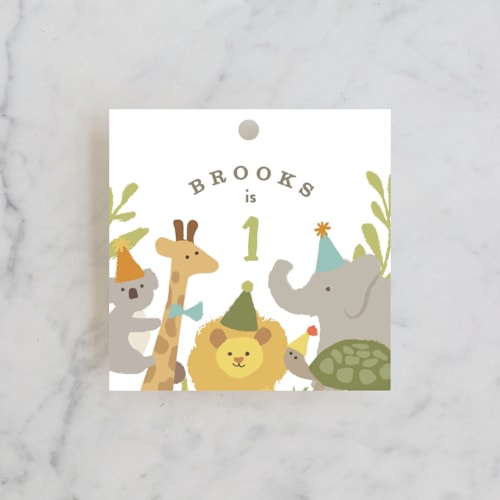 This is a pear kids gift tags with standard by Jennifer Wick called animals on parade printing on signature in tag