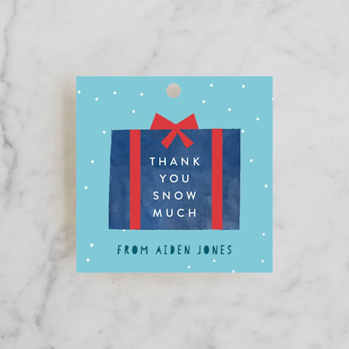 This is a navy kids gift tags with standard by Kanika Mathur called snow much fun printing on signature in tag