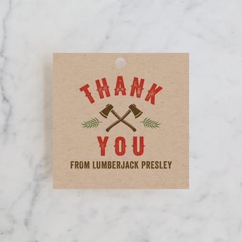 This is a barn kids gift tags with standard by Paper Sun Studio called timber! printing on signature in tag