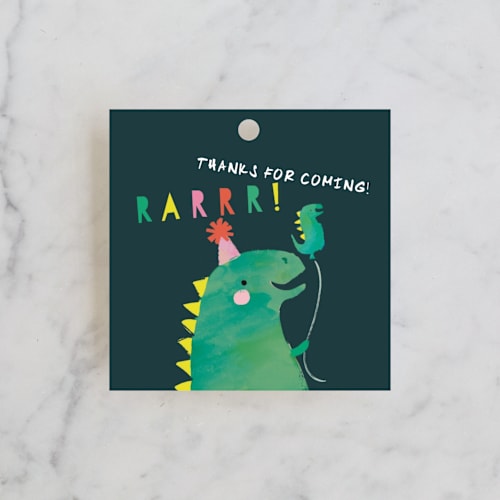 This is a teal kids gift tags with standard by Lori Wemple called dinosaur balloon printing on signature in tag