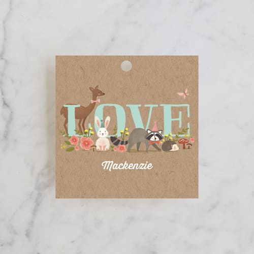 This is a robin's egg kids gift tags with standard by Karidy Walker called woodland celebration printing on signature in tag