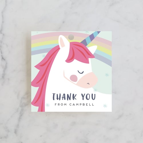 This is a bubblegum kids gift tags with standard by peetie design called unicorno printing on signature in tag