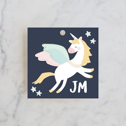 This is a azure kids gift tags with standard by peetie design called magical pegasus printing on signature in tag