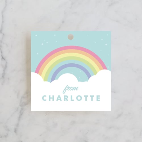 This is a mint kids gift tags with standard by Maria Alou called pastel rainbow sparkles printing on signature in tag