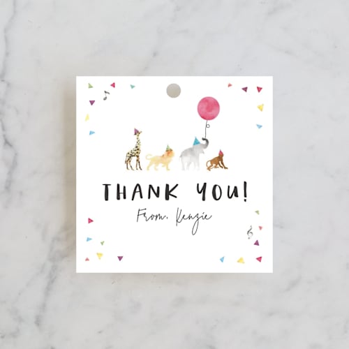 This is a gumdrops kids gift tags with standard by Maggie Maeve called party animals marching to the music printing on signature in tag
