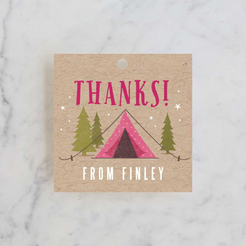 This is a fushcia kids gift tags with standard by Karidy Walker called let's go glamping printing on signature in tag