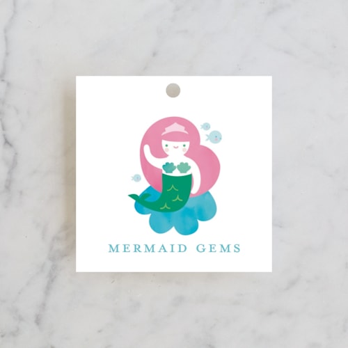 This is a aqua kids gift tags with standard by Lori Wemple called mermaid printing on signature in tag