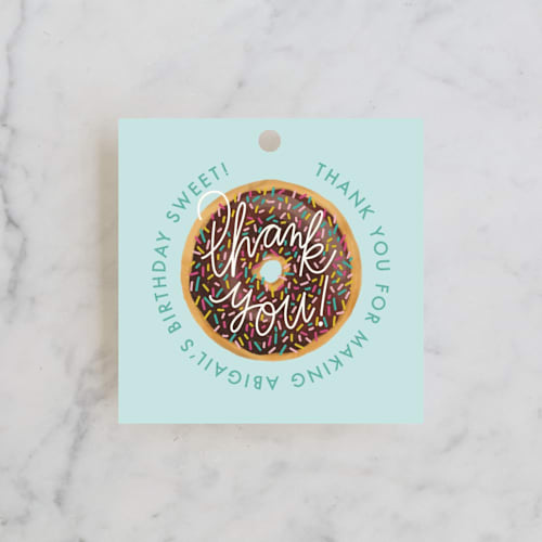 This is a chocolate kids gift tags with standard by Jen Owens called donut party printing on signature in tag