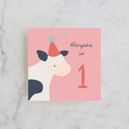 This is a barn kids gift tags with standard by peetie design called barnyard fun printing on signature in tag