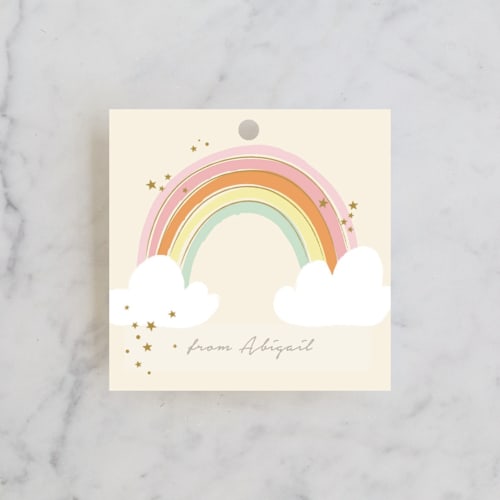 This is a sand kids gift tags with standard by Kiersten Garner called rainbow birthday printing on signature in tag