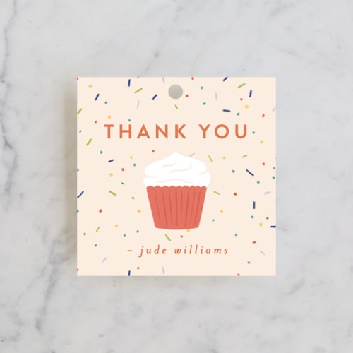 This is a cream kids gift tags with standard by Shiny Penny Studio called i spy cake! printing on signature in tag