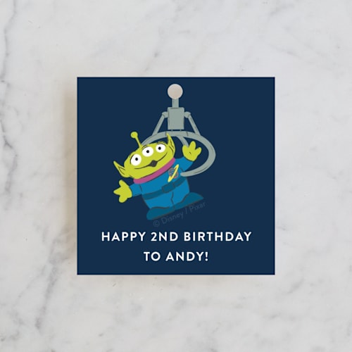 This is a star alliance kids gift tags with standard by Jackie Crawford called disney and pixar's toy story birthday claw printing on signature in tag