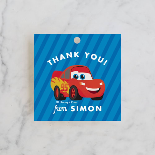 This is a sky kids gift tags with standard by Carly Reed Walker called disney and pixar's cars kachow printing on signature in tag