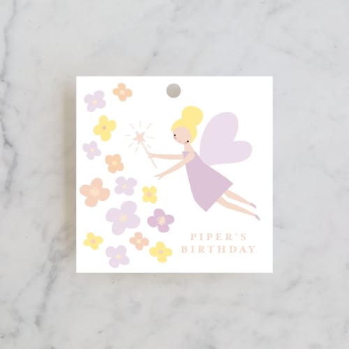 This is a peach kids gift tags with standard by Angela Thompson called fairy garden printing on signature in tag