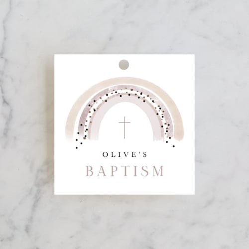 This is a blush kids gift tags with standard by Maja Cunningham called rainbow christening printing on signature in tag