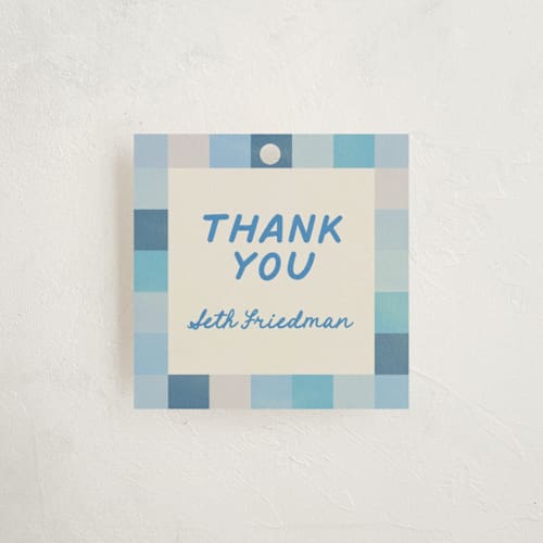 This is a sky kids gift tags with standard by Creo Study called checkered mitzvah printing on signature in tag