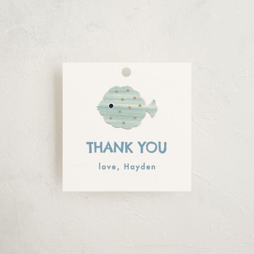 This is a sand kids gift tags with standard by Sarah Knight called birthday fish printing on signature in tag