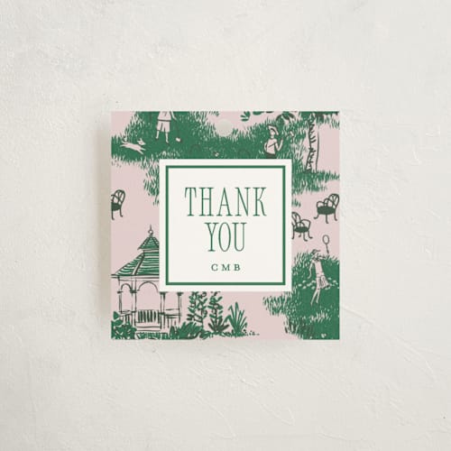 This is a orchid party favor tags with standard by Leia Matt called greenfield toile printing on signature in tag