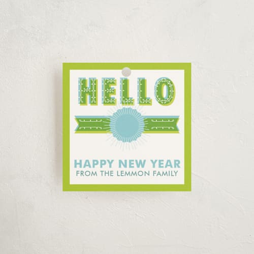 This is a limeade gift tags with standard by Susie Allen called big hello printing on signature in tag