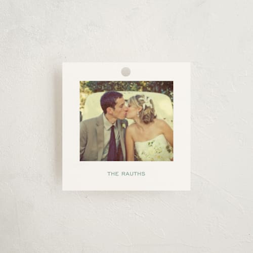 This is a steel blue gift tags by Sara Hicks Malone called mini photo printing on signature in tag