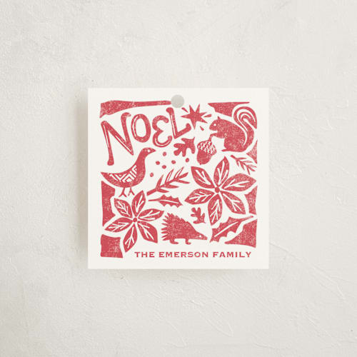 This is a cherry gift tags with standard by Griffinbell Paper Co. called pastoral noel printing on signature in tag