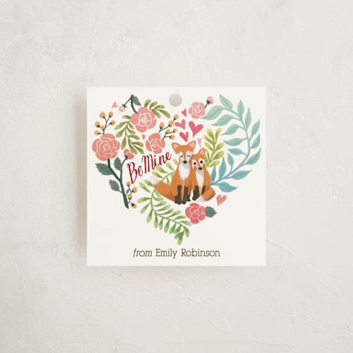 This is a carnation pink gift tags by Shannon Chen of Four Wet Feet Studio called red fox printing on signature in tag