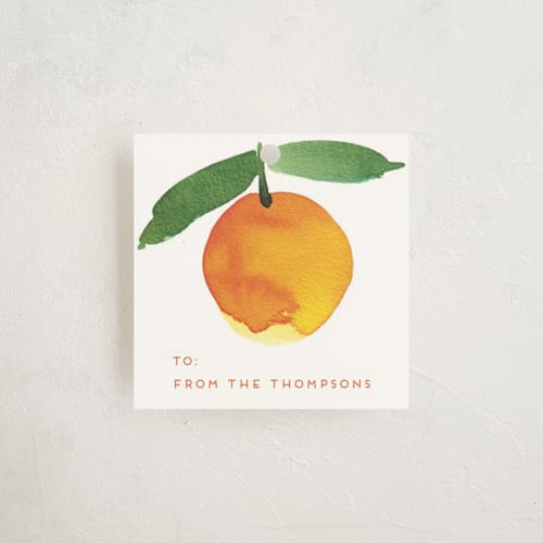 This is a tangerine gift tags by Alexandra Dzh called sweet oranges printing on signature in tag