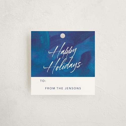 This is a blueberry gift tags with standard by Noonday Design called blue painted brushstrokes printing on signature in tag