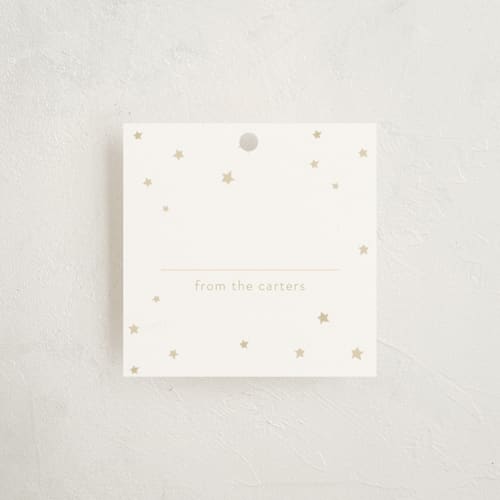 This is a gold gift tags by Lori Wemple called starry celebration printing on signature in tag