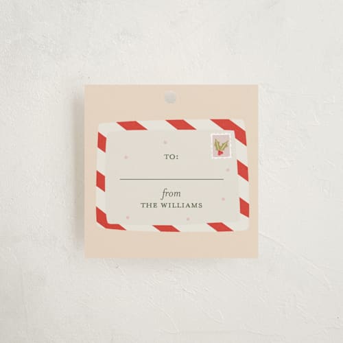 This is a peach gift tags with standard by Vera Lim called holiday mood 2 printing on signature in tag