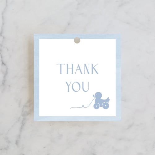 This is a sky baby shower favor tags with standard by Melinda Denison called simply classic printing on signature in tag