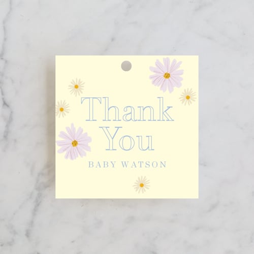 This is a daffodil baby shower favor tags with standard by Baumbirdy called butterfly florals printing on signature in tag